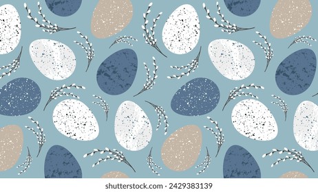 Easter Background On Blue Background. Seamless pattern with Easter eggs for postcard design, banners, web pages. Vector
