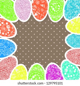 Easter background with ornament eggs on polka dots pattern with place for your text. Vector illustration