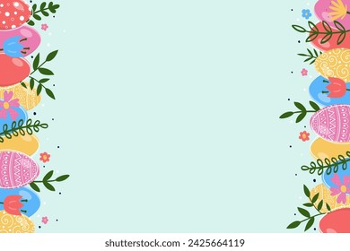 Easter background with ornate eggs and flowers. Layout of a card, poster and invitation. Vector illustration