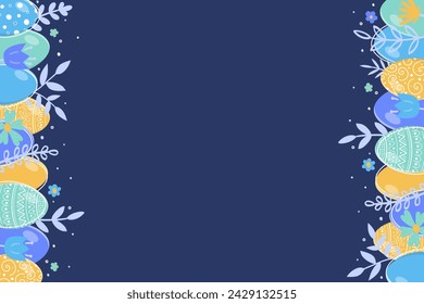 Easter background with ornate eggs and flowers. Layout of a card, poster and invitation. Vector illustration