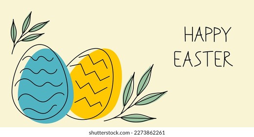 Easter background with outline egg and twigs. Linear illustration and hand lettering text. Happy easter banner.