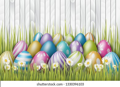 Easter background with painted 3d realistic eggs in green glass and flowers on wooden backdrop. Vector illustration.