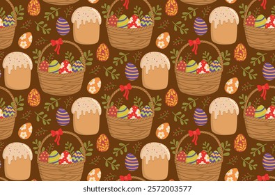 Easter background with painted eggs, baskets, cake and spring plants. Seamless pattern with festive elements on a brown backdrop