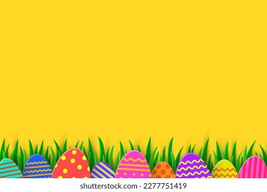 Easter background with painted eggs in the spring grass. Paper cut style decoration. Vector illustration