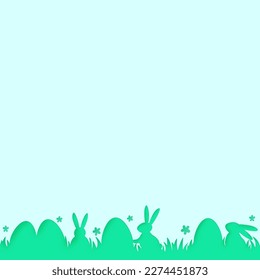 Easter background with paper cut eggs and rabbits. Minimal layout design. Vector illustration