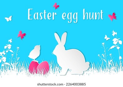 Easter background with paper cut silhouettes of rabbit, chicken and eggs. Easter egg hunt concept. Vector illustration