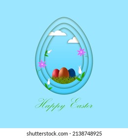 Easter background in paper cut style with Easter eggs and spring flowers. Happy Easter lettering. Template for Easter greeting card, decoration, banner. Vector illustration.