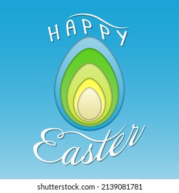 Easter background in paper cut style with Easter eggs. Happy Easter lettering. Template for Easter greeting card, decoration, banner. Vector illustration.