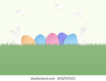 Easter background. Paper easter eggs with rabbits, grass, flowers, and clouds on a green background. Paper art style.
