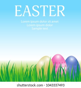Easter background. Paschal greeting card template with eggs, grass and sky. Design for website. Vector illustration.