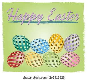 Easter background with pastel colored easter eggs, with text Happy Easter, green background