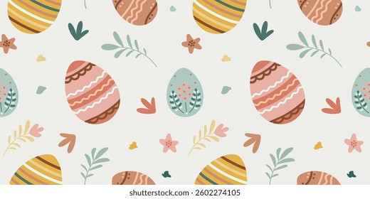 Easter background, pattern and banner. Easter seamless pattern with hand-drawn eggs, flowers and twigs. Festive background for prints, packaging and wrapping paper. Vector illustration.
