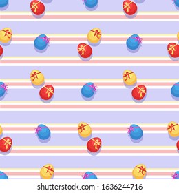 Easter background, pattern. Multi-colored eggs. Happy Easter. Christ is risen. Vector illustration with colored eggs, bows and ribbons on a striped background.