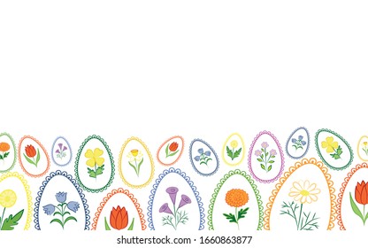 
Easter background with place for text. On a white background multi-colored Easter eggs decorated with drawings of spring flowers. Decor element. Vector illustration.