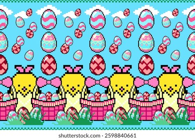 Easter background. Easter poster. Easter icon set. Pixel art seamless holiday pattern. Colorful eggs, cute bunny, chicken, basket, grass, elements, graphic design, illustration, banner, wallpaper,flat