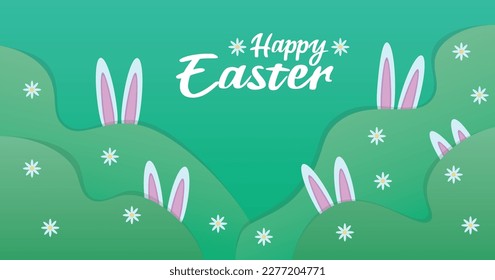 Easter background, easter poster, postcard, holidays, happy easter banner green background with flowers and rabbit ears illustration