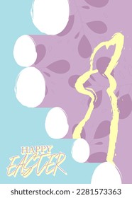 Easter Background Poster with rabbits and eggs. Elegant Holiday backdrop design. Painted bunny and egg. Minimal template in pastel colors.
