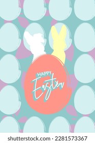 Easter Background Poster with rabbits and eggs. Elegant Holiday backdrop design. Painted bunny and egg. Minimal template in pastel colors.
