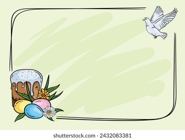 Easter background for presentation and card with frame, place for text, flying dove, Easter cake and flowers