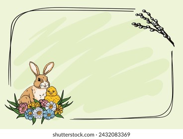 Easter background for presentation and postcard with frame, place for text, chicken, bunny, pussy willow and flowers