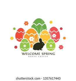 Easter background with rabbit, bunny, eggs, flowers.  Simple, modern design. Vector illustration for websites, blogs, banner, poster.