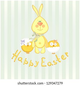 easter background with rabbit and chicken