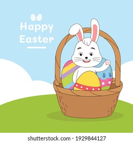 Easter background with rabbit and egg paint in busket