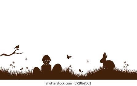 Easter Background with rabbit and easter eggs brown,cracked egg,chicken.