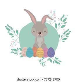 easter background with rabbit and easter eggs in floral decoration in colorful silhouette