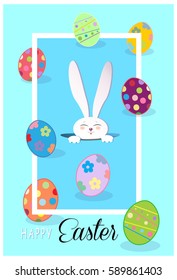 Easter background with Easter rabbit, eggs and frame. Abstract background. Vector illustration