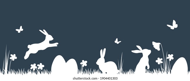 Easter Background with rabbit and easter eggs. Hand drawn easter horizontal background with bunnies, flowers, easter eggs.