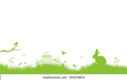 Easter Background with rabbit and easter eggs light green.