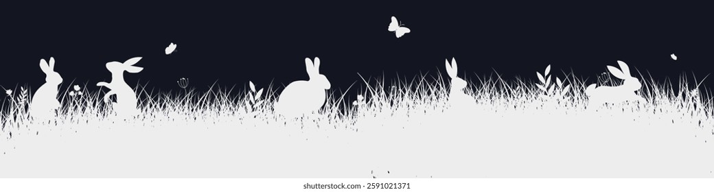 Easter Background with rabbit. Hand drawn easter horizontal background with bunnies, flowers.