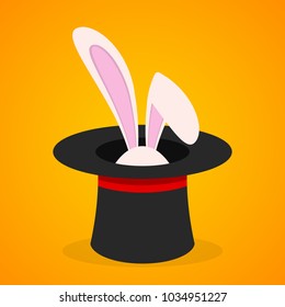 Easter background with rabbit in the magic hat. Vector illustration. Magic trick with rabbit in black cylinder hat