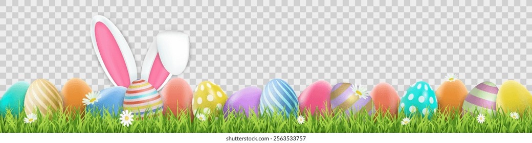 Easter background with rabbit, painted eggs and grass. Happy easter, ears, flowers, bunny, spring, realistic banner, greeting, colorful eggs.