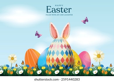 Easter background with rabbit, painted eggs and grass. Happy easter, ears, flowers, bunny, spring, realistic banner, greeting, colorful eggs.
