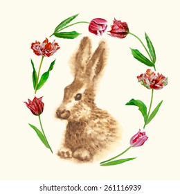 Easter background with rabbit. Vector watercolor illustration