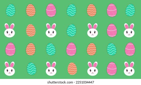 Fondo de Semana Santa con conejos y hermosos huevos pintados en verde. Ilustración vectorial. EPS 10.