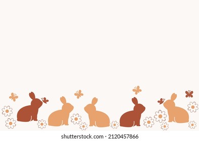 Easter background with rabbits, butterflies and daisy flower field vector illustration. 