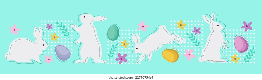 Easter background with rabbits, eggs and flowers. Vector design.