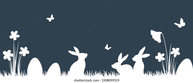 Easter background with rabbits and easter eggs. Silhouette with bunnies, flowers, easter eggs.