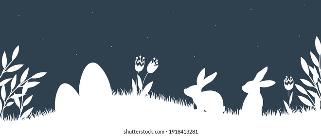 Easter background with rabbits and easter eggs. Simple silhouette with bunnies, flowers, easter eggs.