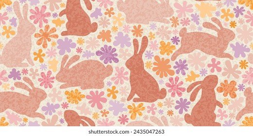 Easter background with rabbits and flowers. Chinese new year seamless pattern with bunnies. Easter floral background with rabbit silhouettes in y2k style with watercolor texture, vector illustration