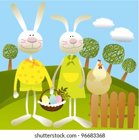 Easter background with rabbits, hen and eggs