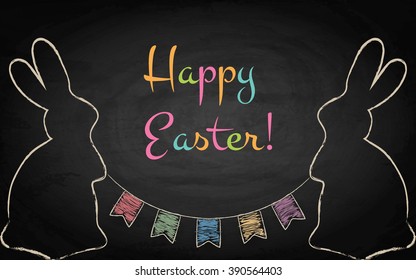 Easter background with rabbits on chalkboard. Vector illustration