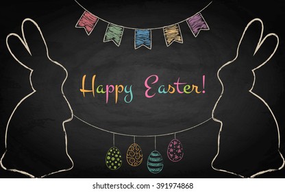 Easter background with rabbits on chalkboard. Vector illustration