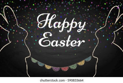 Easter background with rabbits on chalkboard. Vector illustration