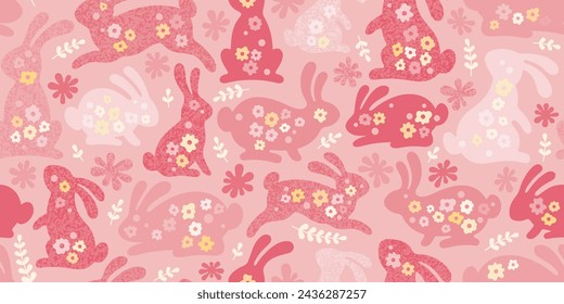 Fondo de Pascua con conejos y flores rosas. Patrón sin fisuras de conejito de año nuevo chino. Fondo floral de Pascua con siluetas de conejo rojo en estilo y2k con textura de acuarela, ilustración vectorial