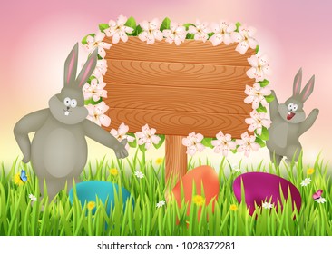 Easter background with rabbits and wooden sign.Vector illustration.