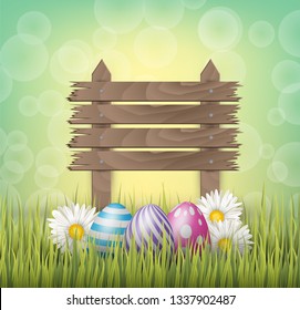 Easter background with realistic 3d colorful eggs, wooden sign, and daisy flowers on green backdrop. Vector illustration.